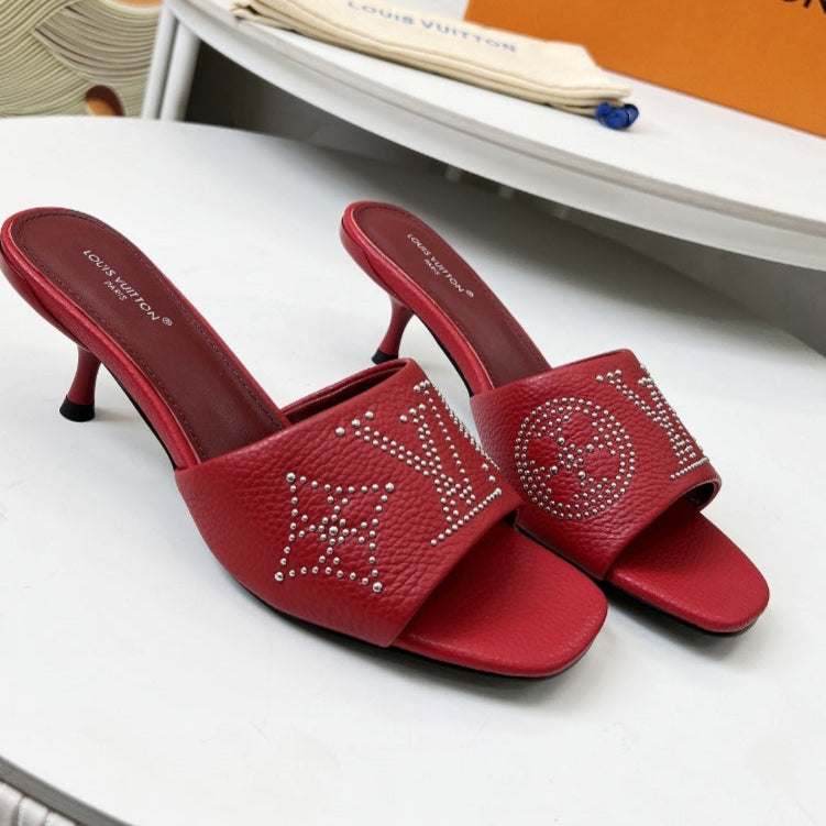 LOUIS VUITTON HIGH MULE IN RUBY RED LAMBSKIN WITH RHINSTONES 55 MM