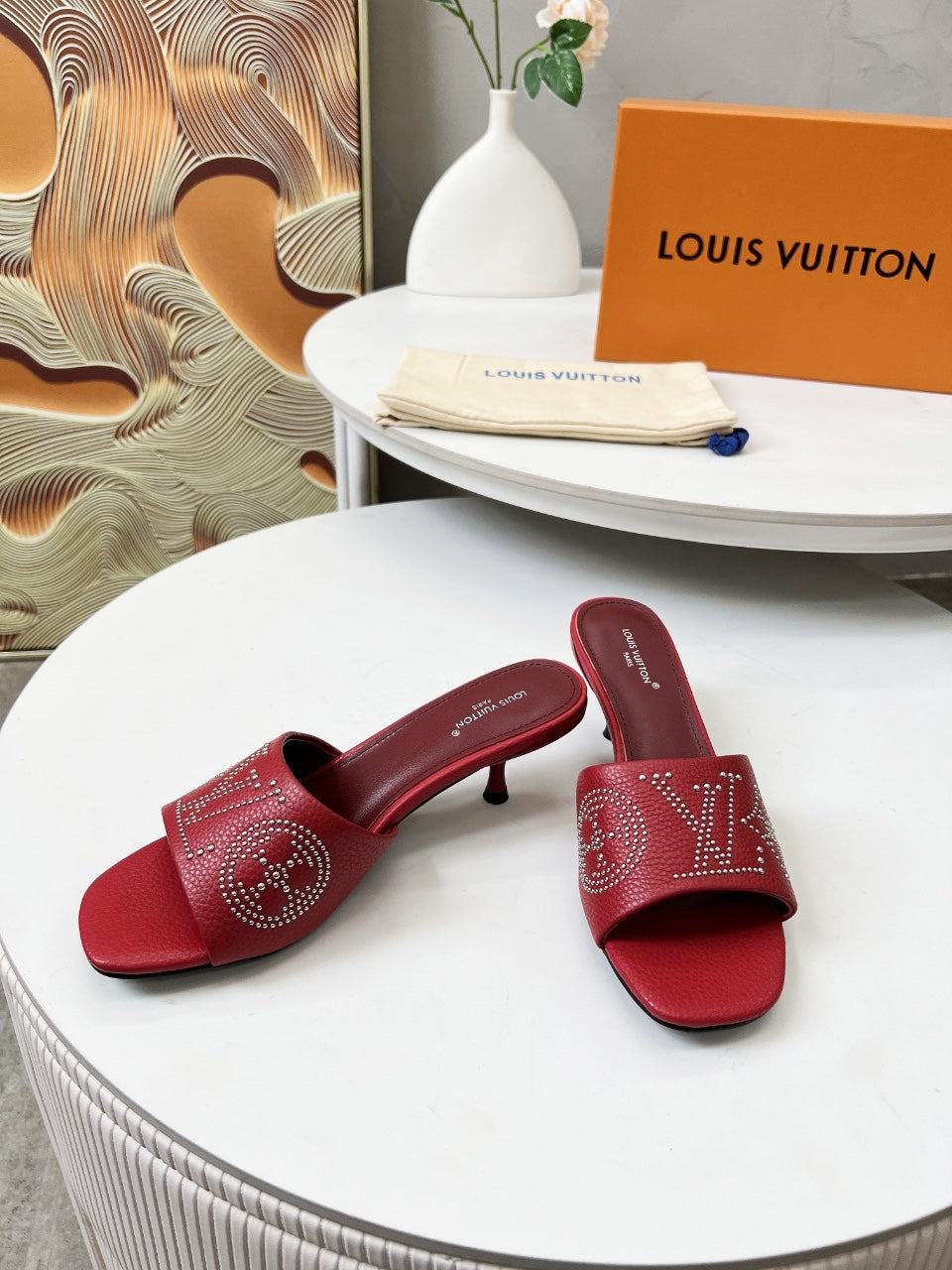 LOUIS VUITTON HIGH MULE IN RUBY RED LAMBSKIN WITH RHINSTONES 55 MM