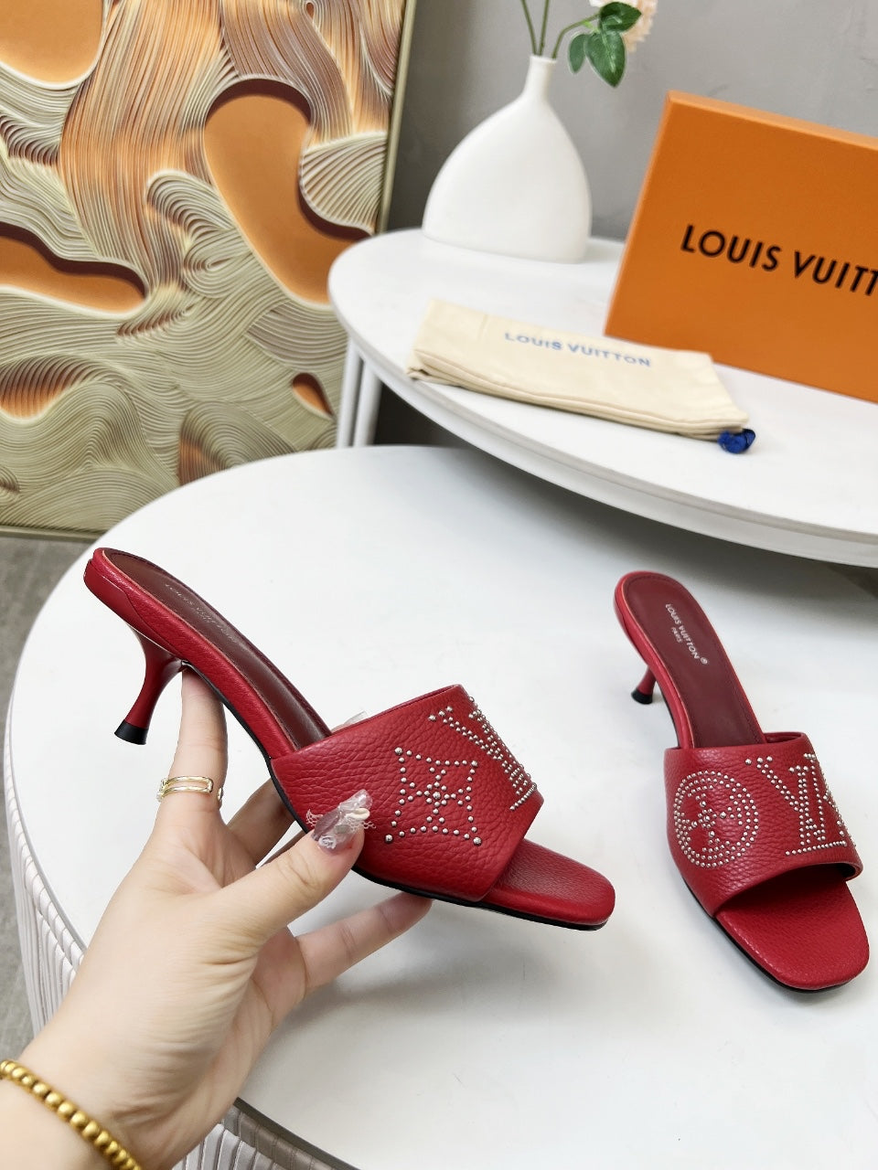 LOUIS VUITTON HIGH MULE IN RUBY RED LAMBSKIN WITH RHINSTONES 55 MM