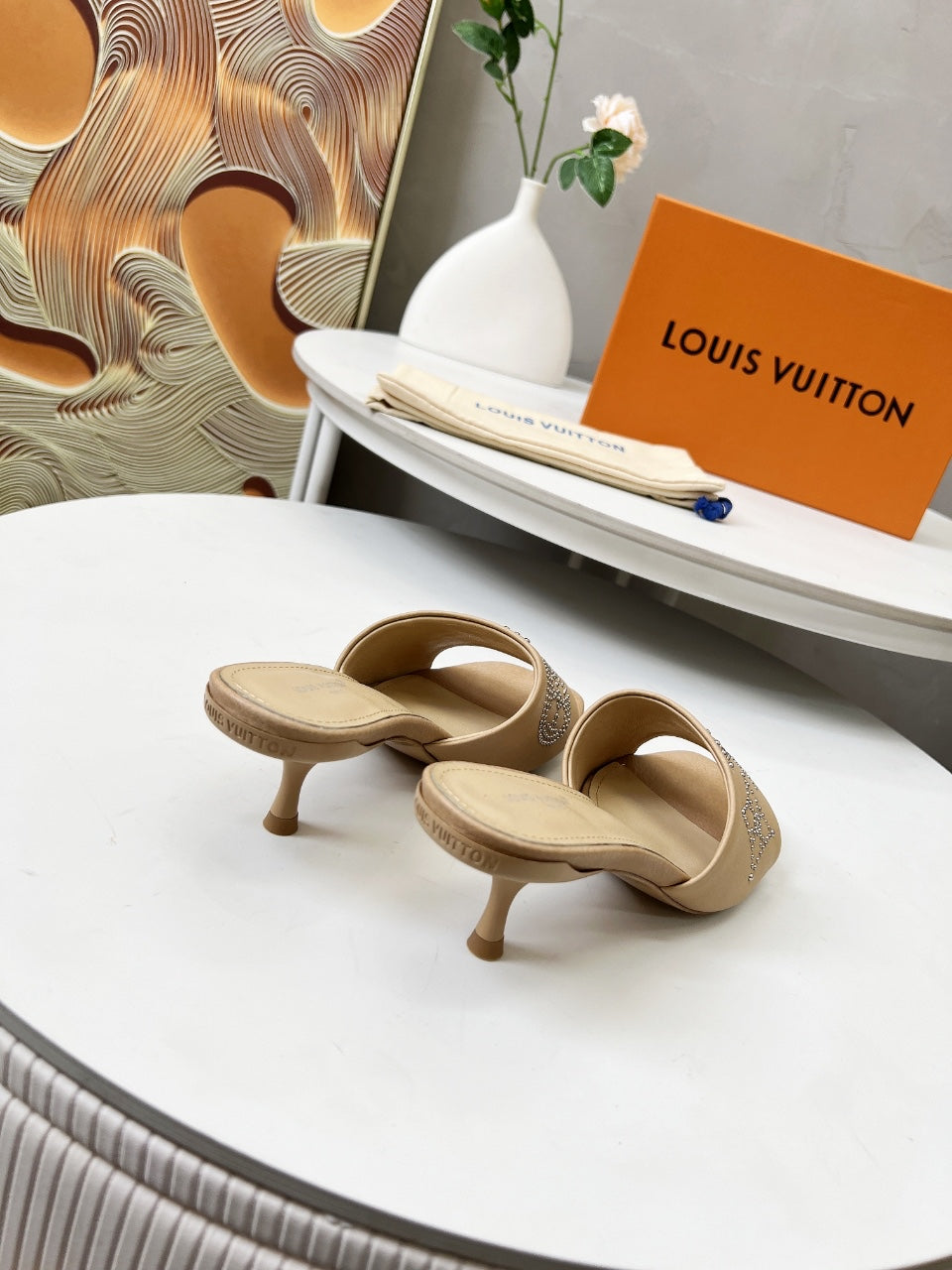 LOUIS VUITTON HIGH MULE IN CAMEL BEIGE LAMBSKIN WITH RHINSTONES 55 MM