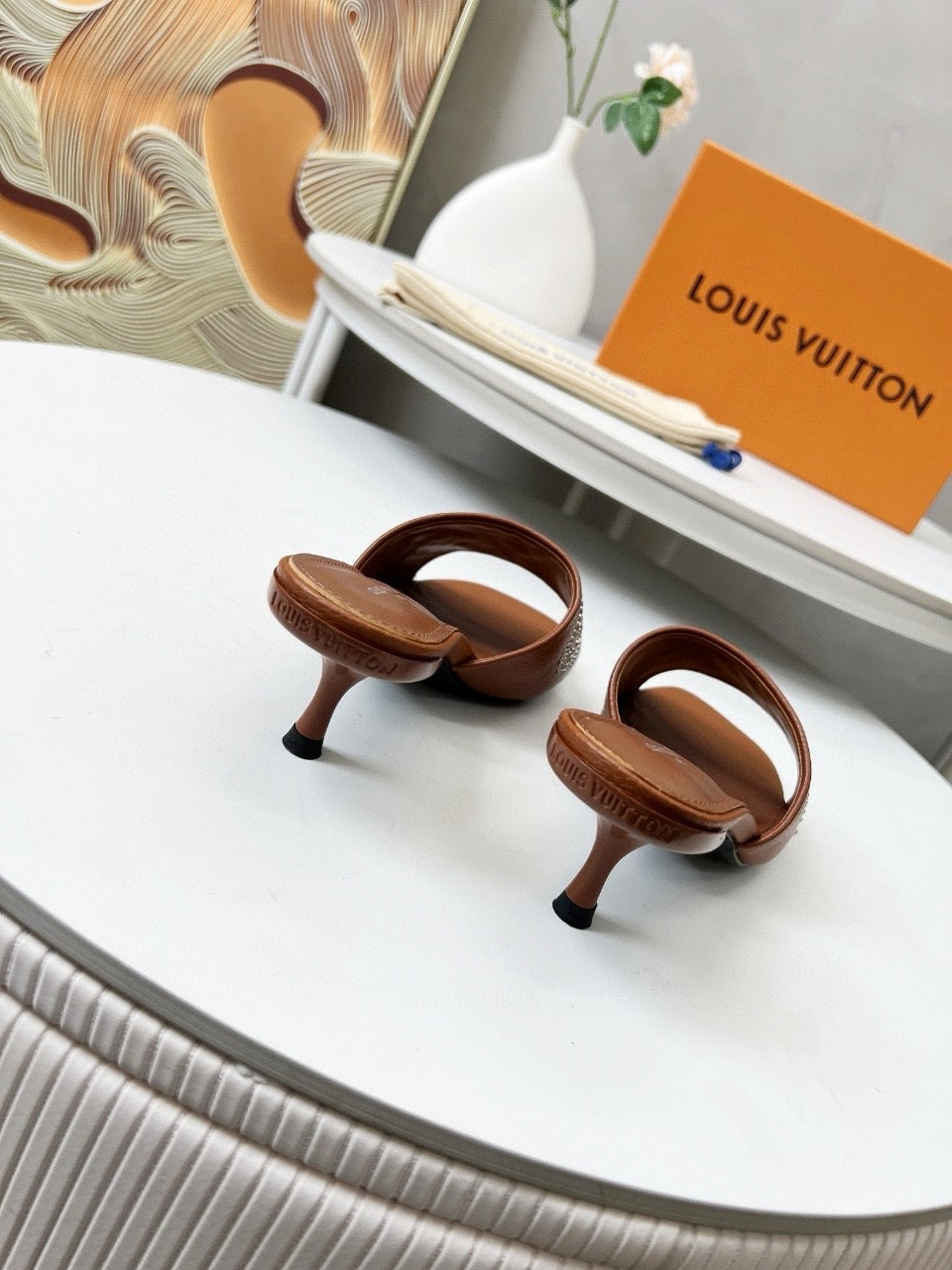 LOUIS VUITTON HIGH MULE IN BRONZE BROWN LAMBSKIN WITH RHINSTONES 55 MM