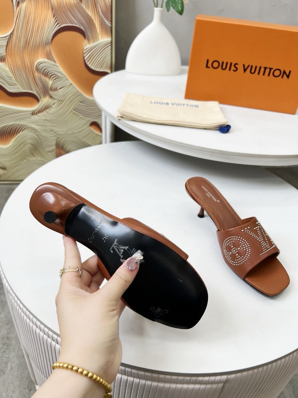 LOUIS VUITTON HIGH MULE IN BRONZE BROWN LAMBSKIN WITH RHINSTONES 55 MM