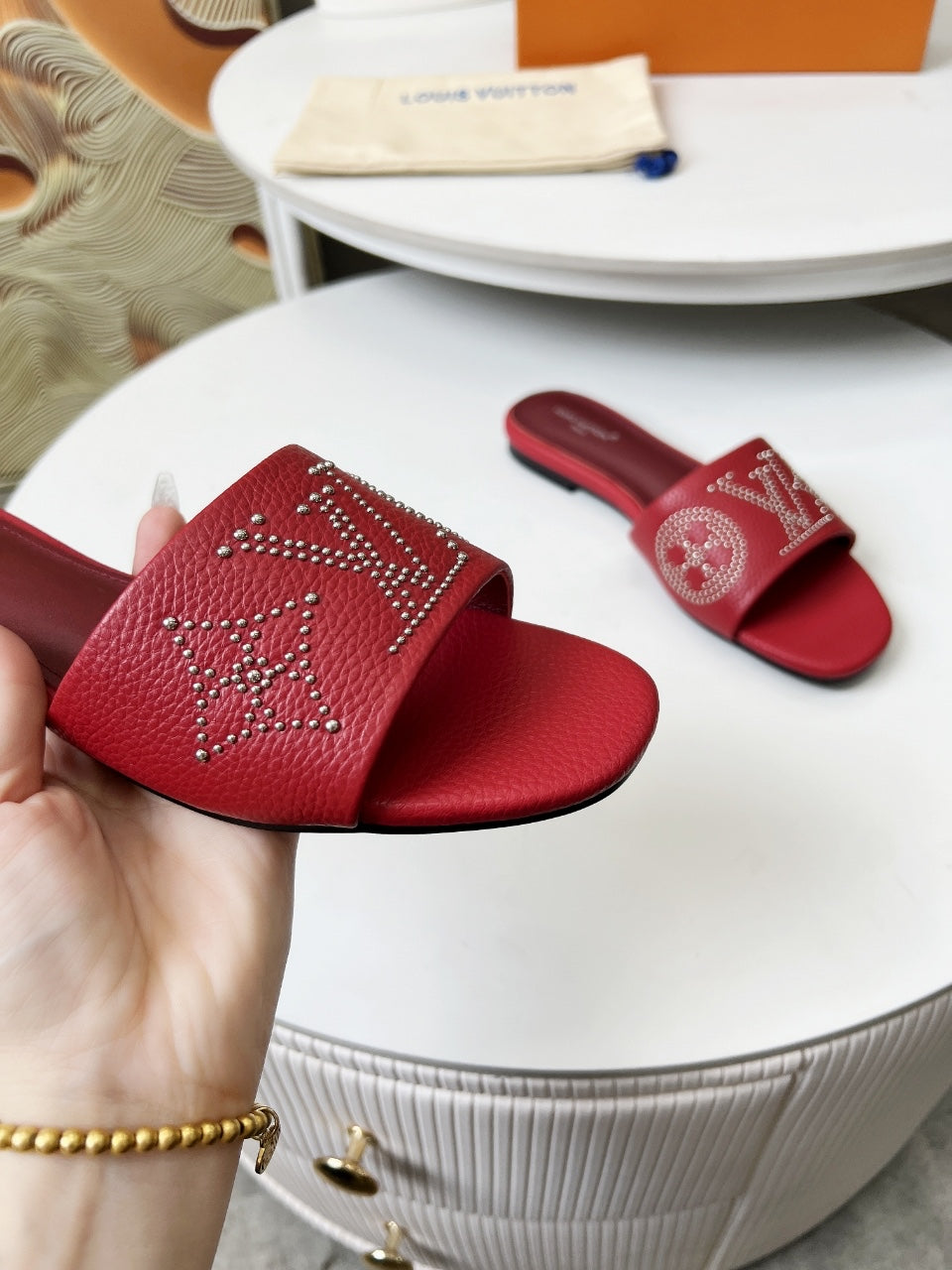 LOUIS VUITTON FLAT SLIDE IN RUBY RED LAMBSKIN WITH RHINSTONES