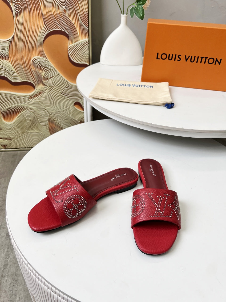 LOUIS VUITTON FLAT SLIDE IN RUBY RED LAMBSKIN WITH RHINSTONES