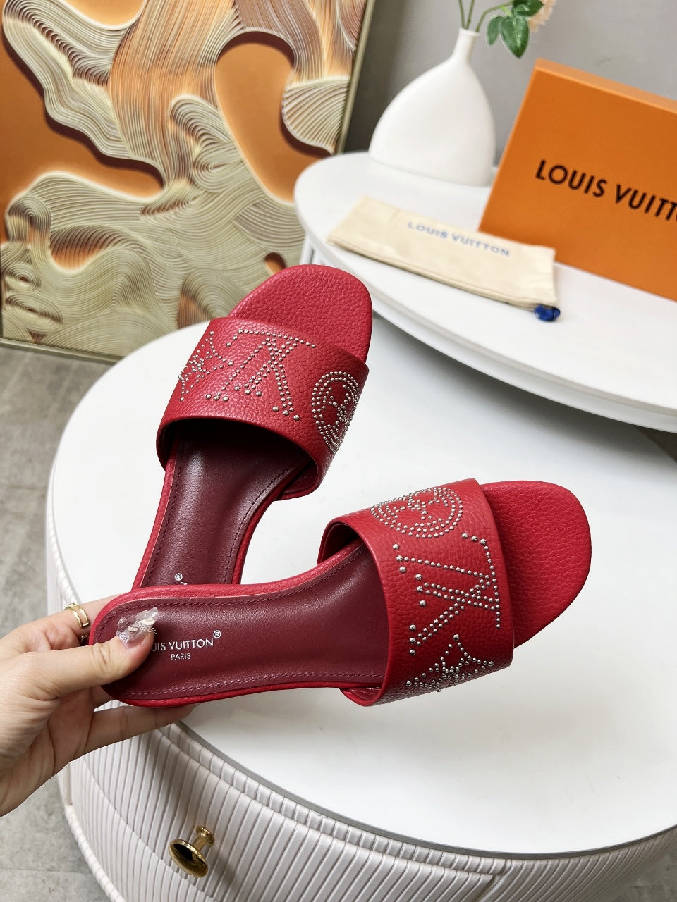 LOUIS VUITTON FLAT SLIDE IN RUBY RED LAMBSKIN WITH RHINSTONES