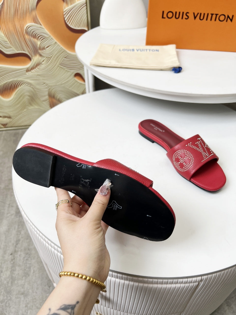 LOUIS VUITTON FLAT SLIDE IN RUBY RED LAMBSKIN WITH RHINSTONES