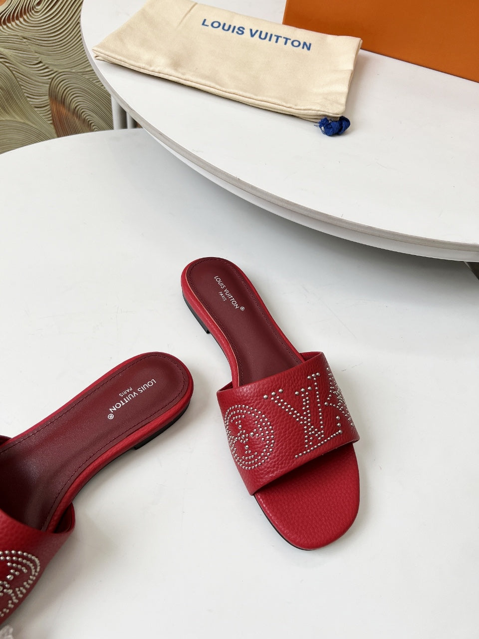 LOUIS VUITTON FLAT SLIDE IN RUBY RED LAMBSKIN WITH RHINSTONES