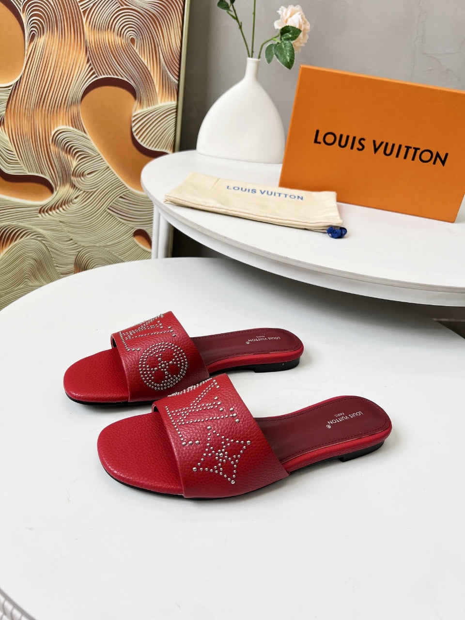 LOUIS VUITTON FLAT SLIDE IN RUBY RED LAMBSKIN WITH RHINSTONES