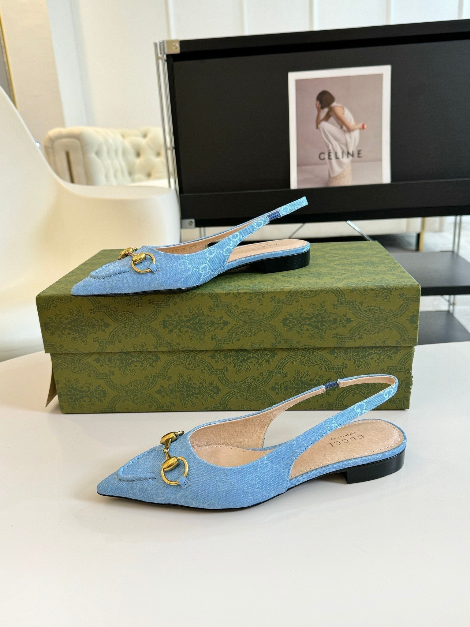 GUCCI HORSEBIT SLINGBACK BALLET FLAT SKY CANVAS