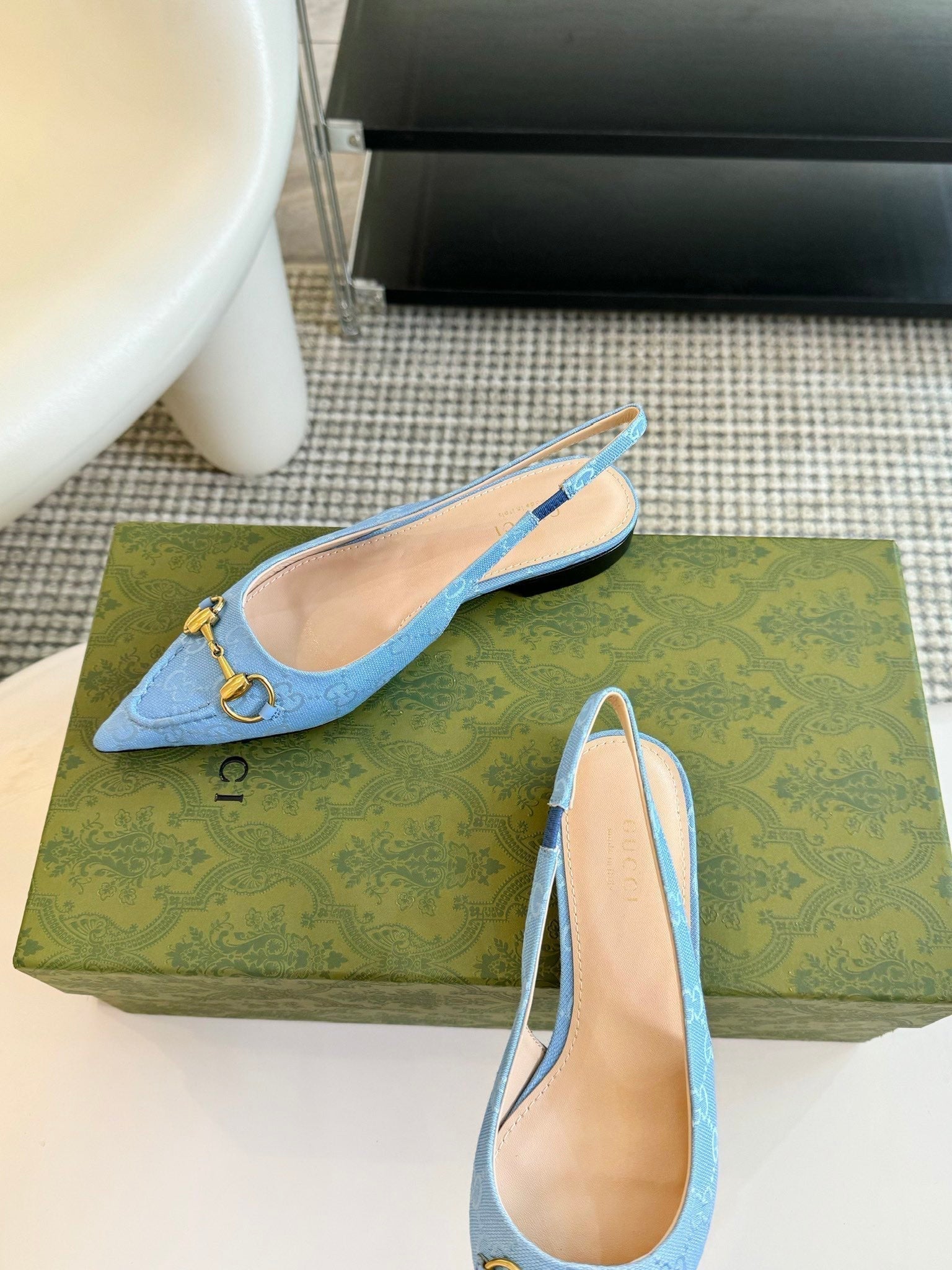 GUCCI HORSEBIT SLINGBACK BALLET FLAT SKY CANVAS