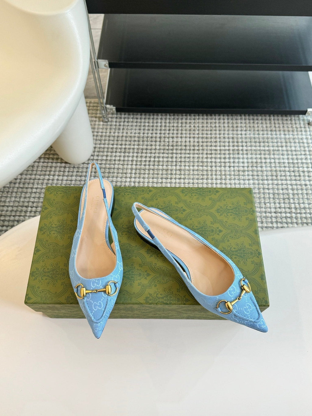 GUCCI HORSEBIT SLINGBACK BALLET FLAT SKY CANVAS