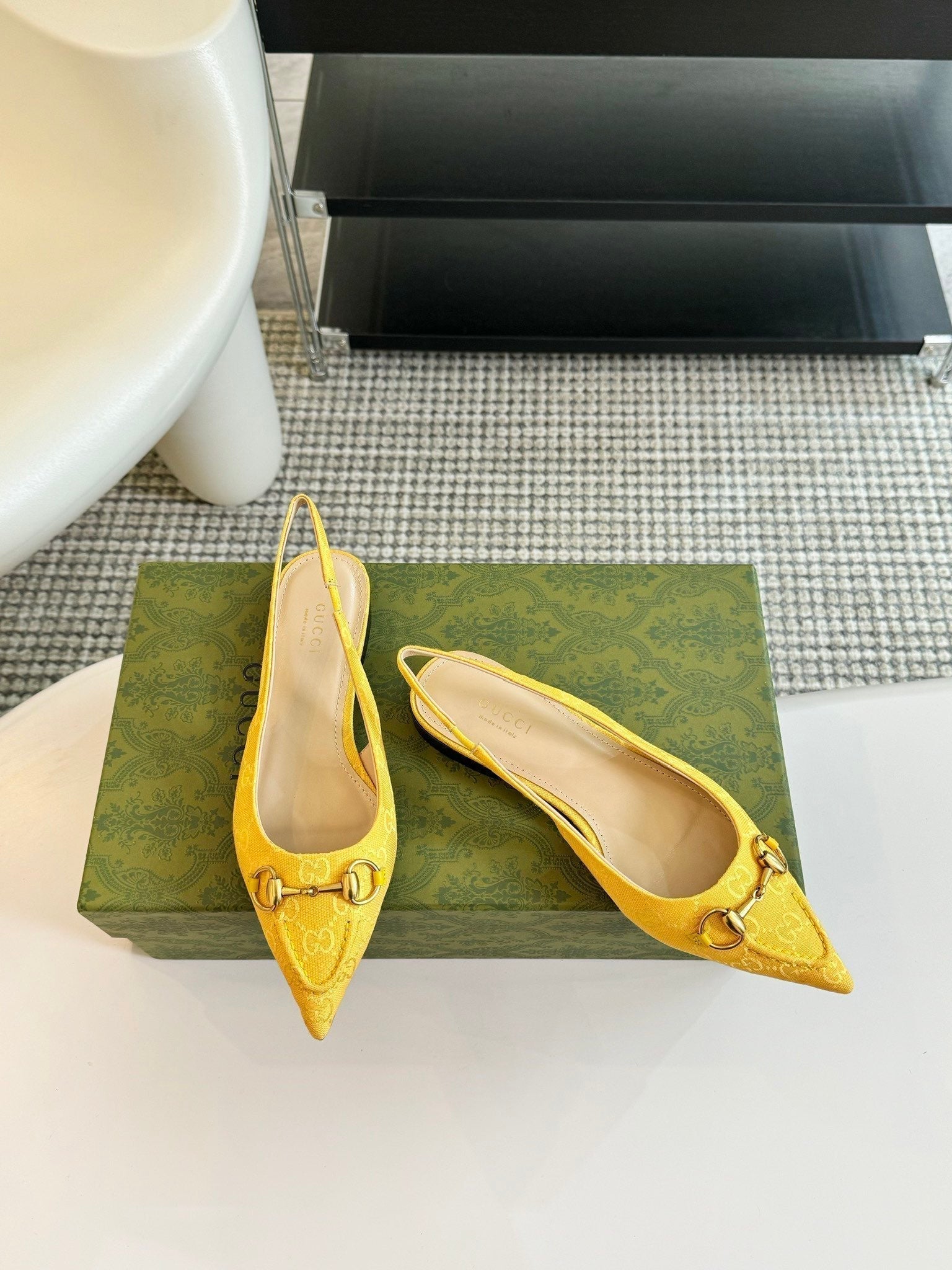 GUCCI HORSEBIT SLINGBACK BALLET FLAT LEMON CANVAS