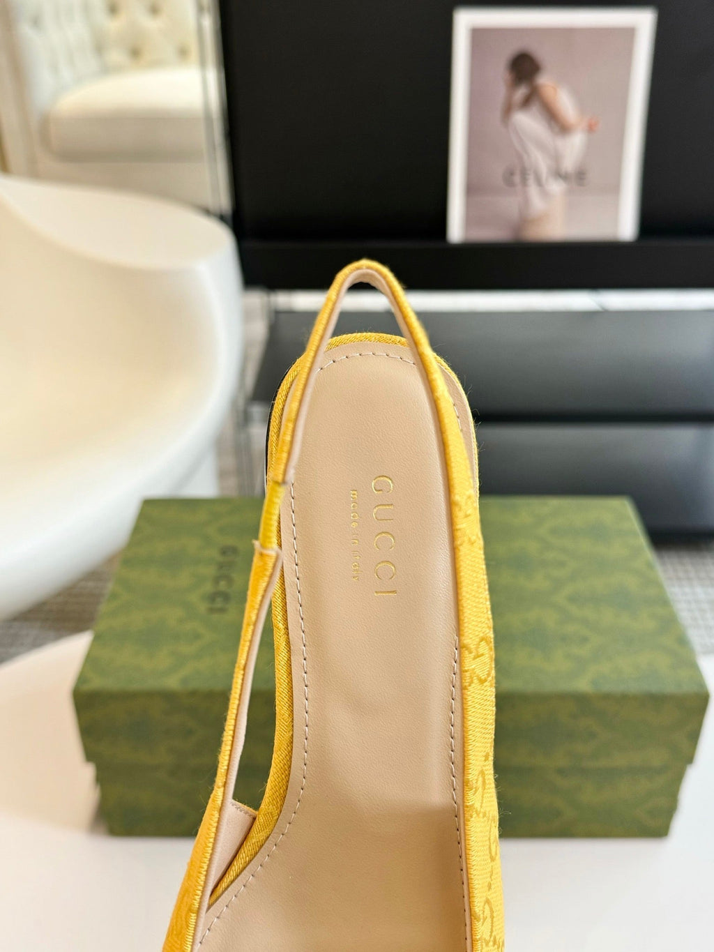 GUCCI HORSEBIT SLINGBACK BALLET FLAT LEMON CANVAS