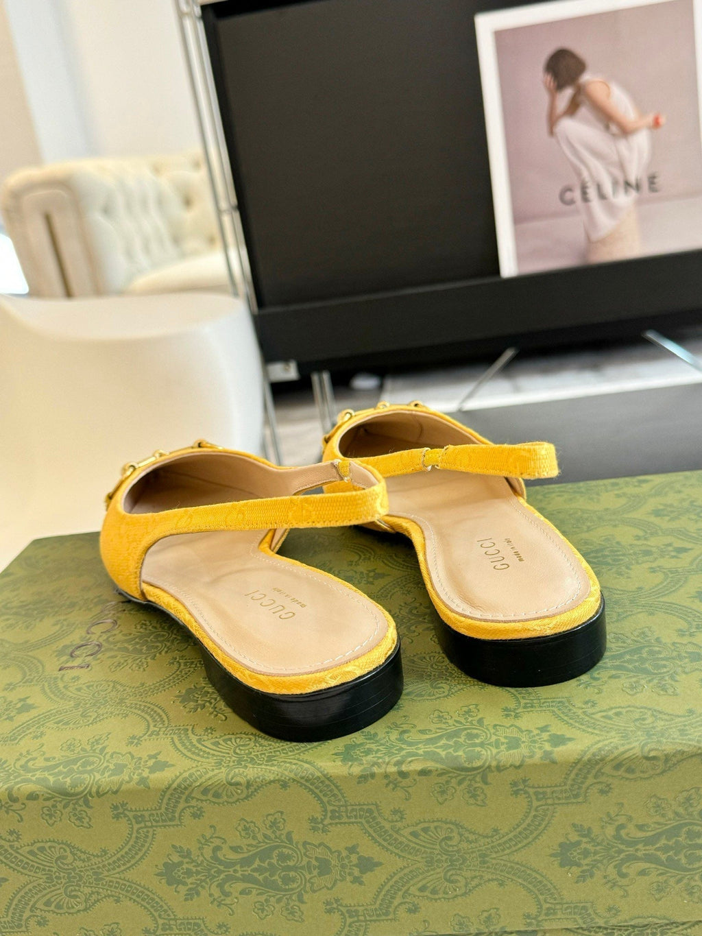 GUCCI HORSEBIT SLINGBACK BALLET FLAT LEMON CANVAS