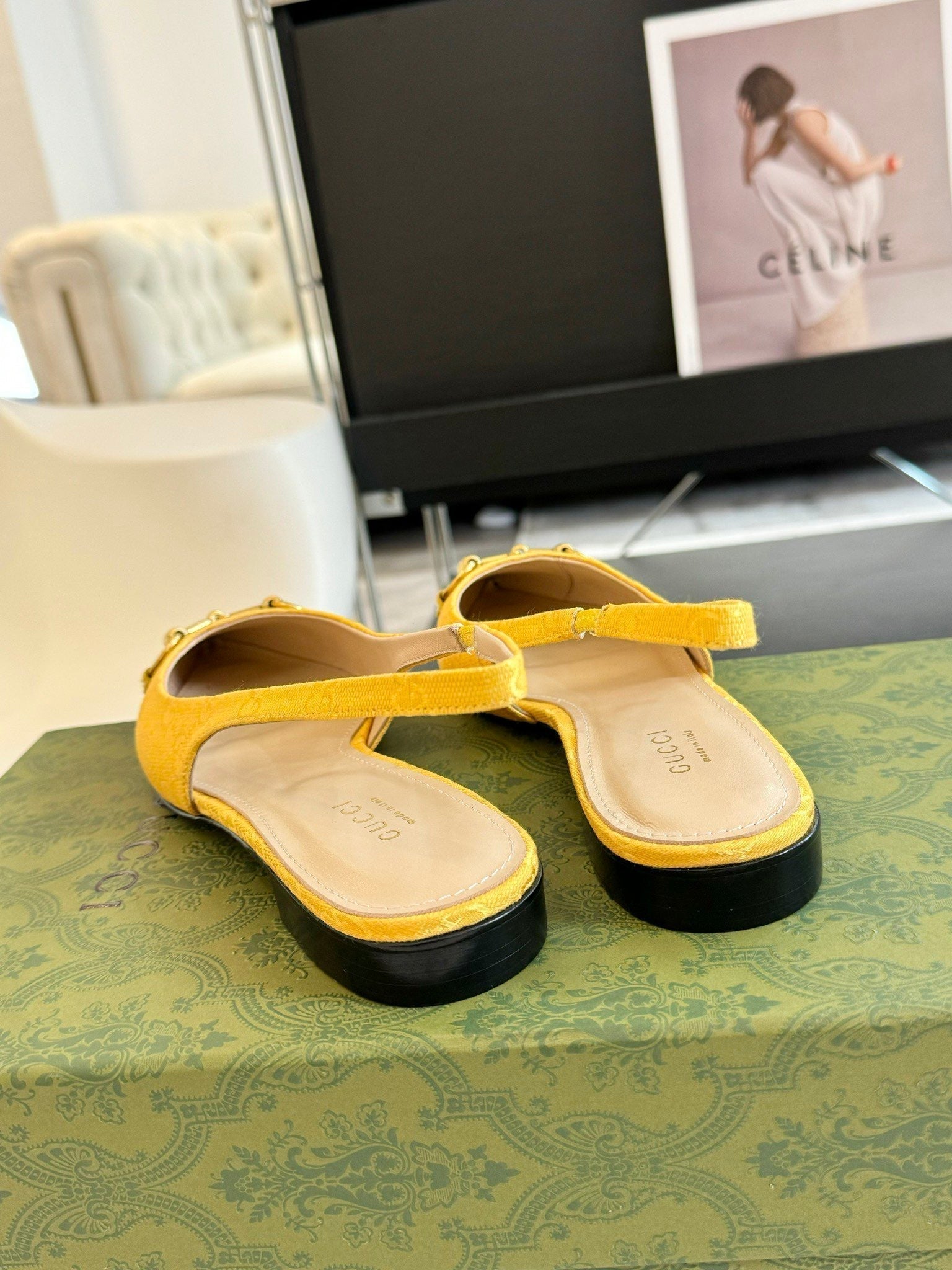 GUCCI HORSEBIT SLINGBACK BALLET FLAT LEMON CANVAS