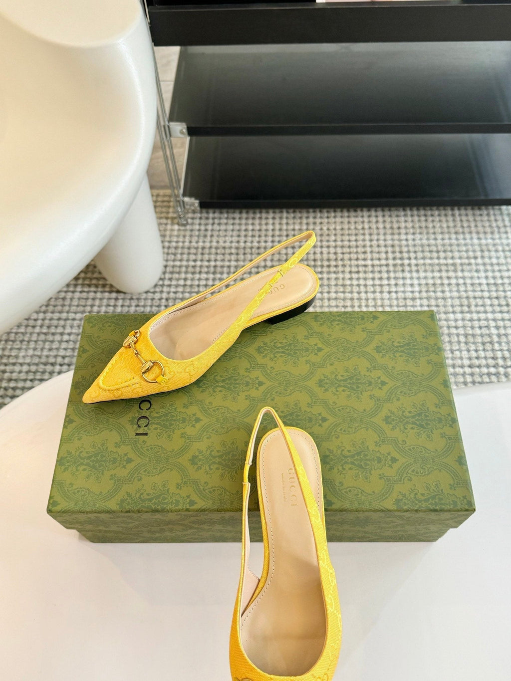 GUCCI HORSEBIT SLINGBACK BALLET FLAT LEMON CANVAS