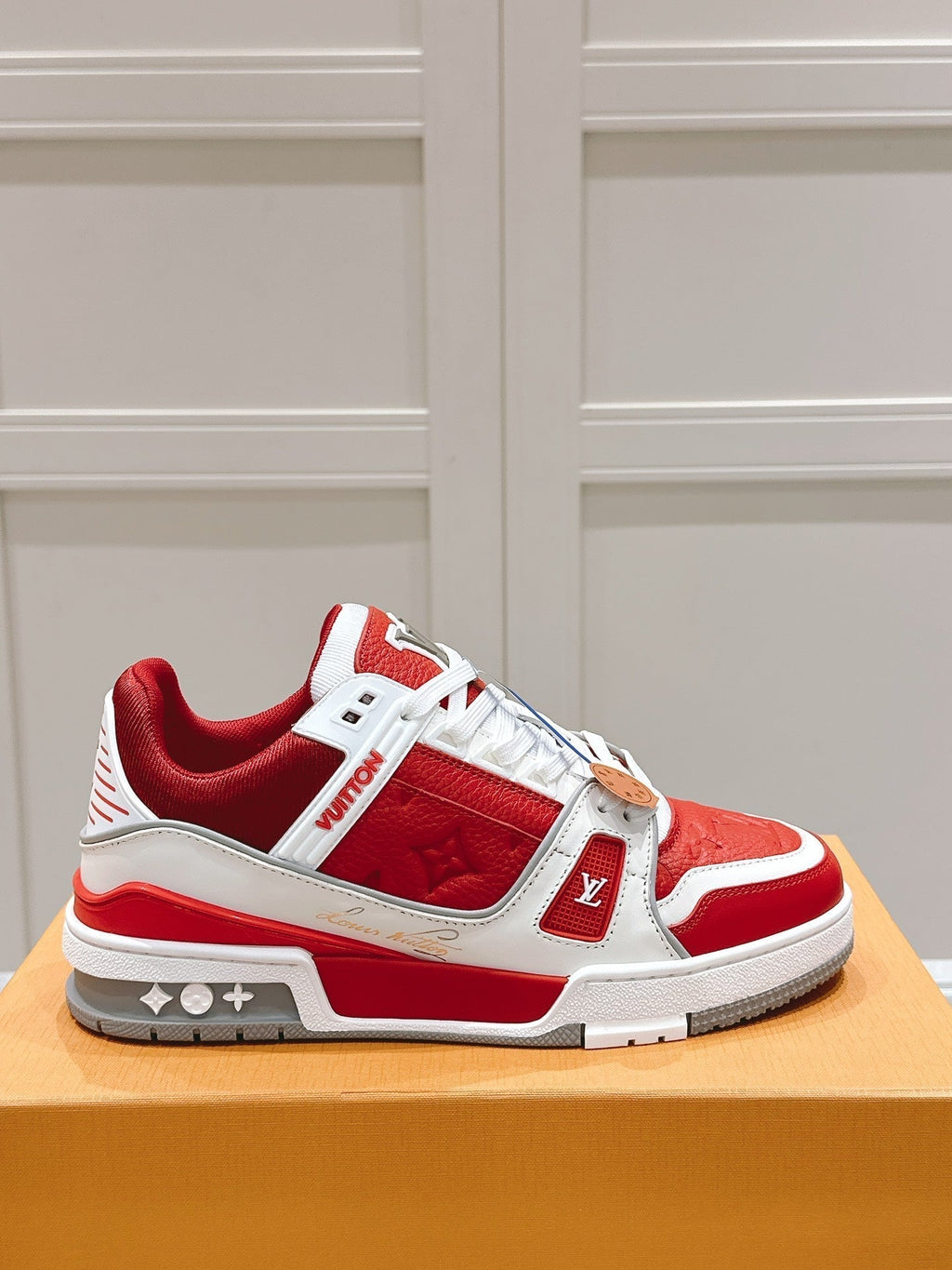 LOUIS VUITTON LV TRAINER SNEAKER IN SARI RED GRAINED CALFSKIN