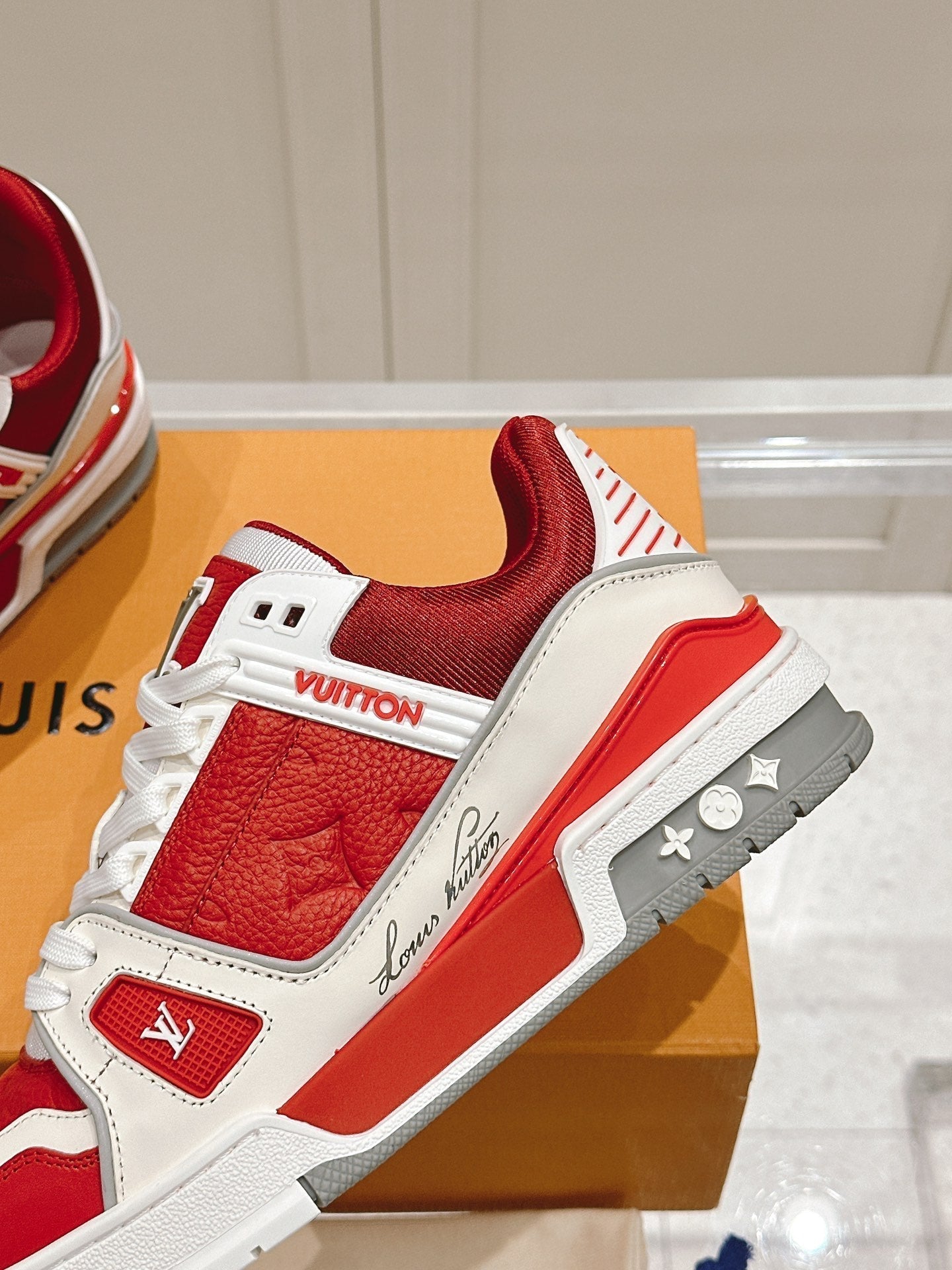 LOUIS VUITTON LV TRAINER SNEAKER IN SARI RED GRAINED CALFSKIN