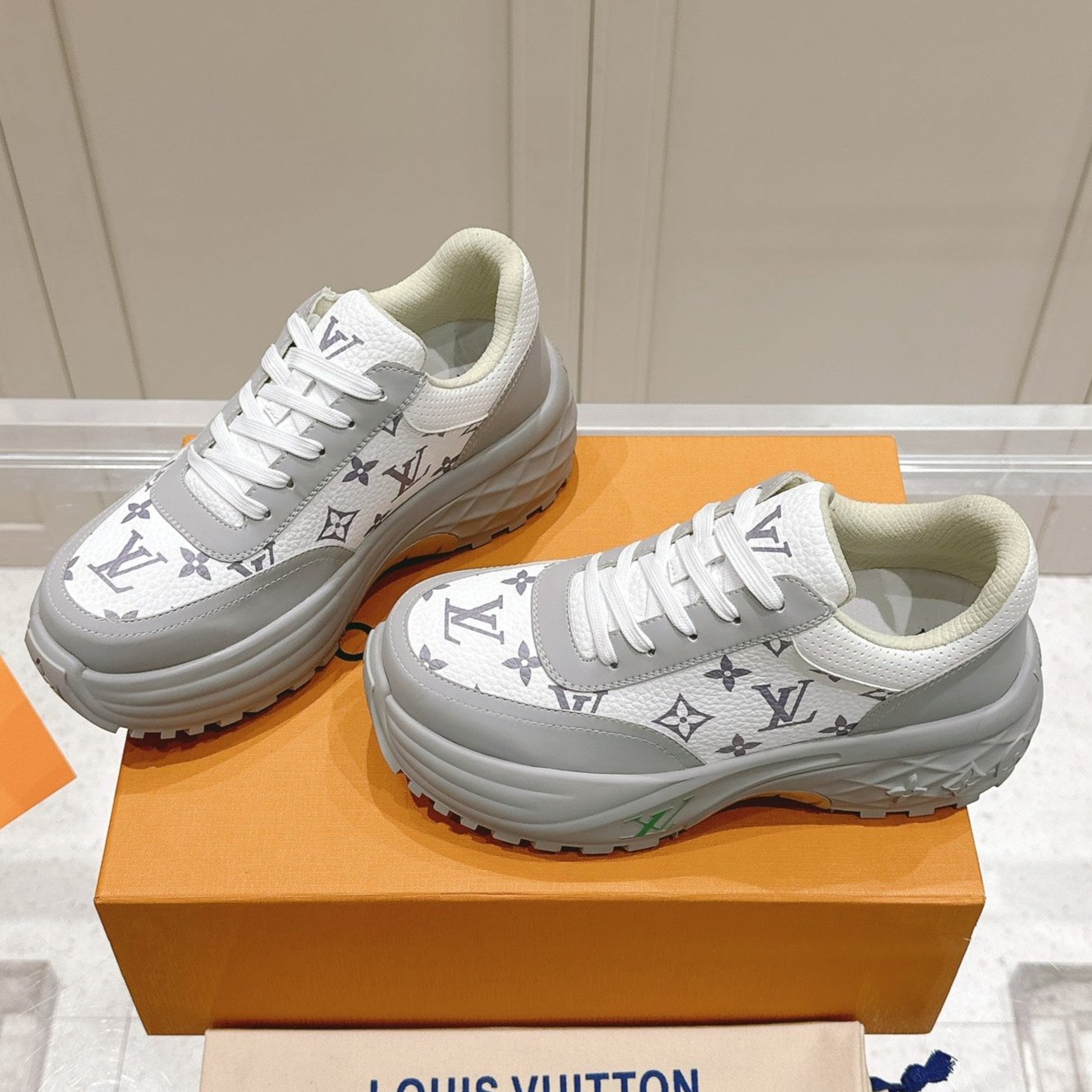 LOUIS VUITTON RUN AWAY SNEAKER IN DOVE GRAY MIX WHITE CALFSKIN