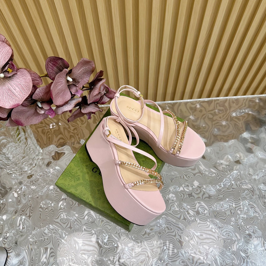 GUCCI PLATFORM SANDAL PASTEL PINK CALFSKIN WITH CHAINS