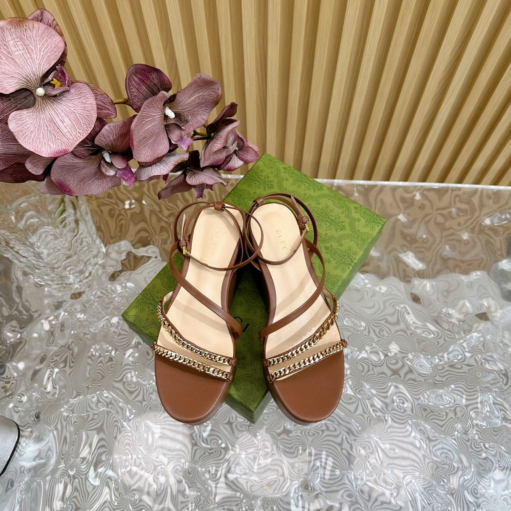 GUCCI PLATFORM SANDAL CARAMEL CALFSKIN WITH CHAINS