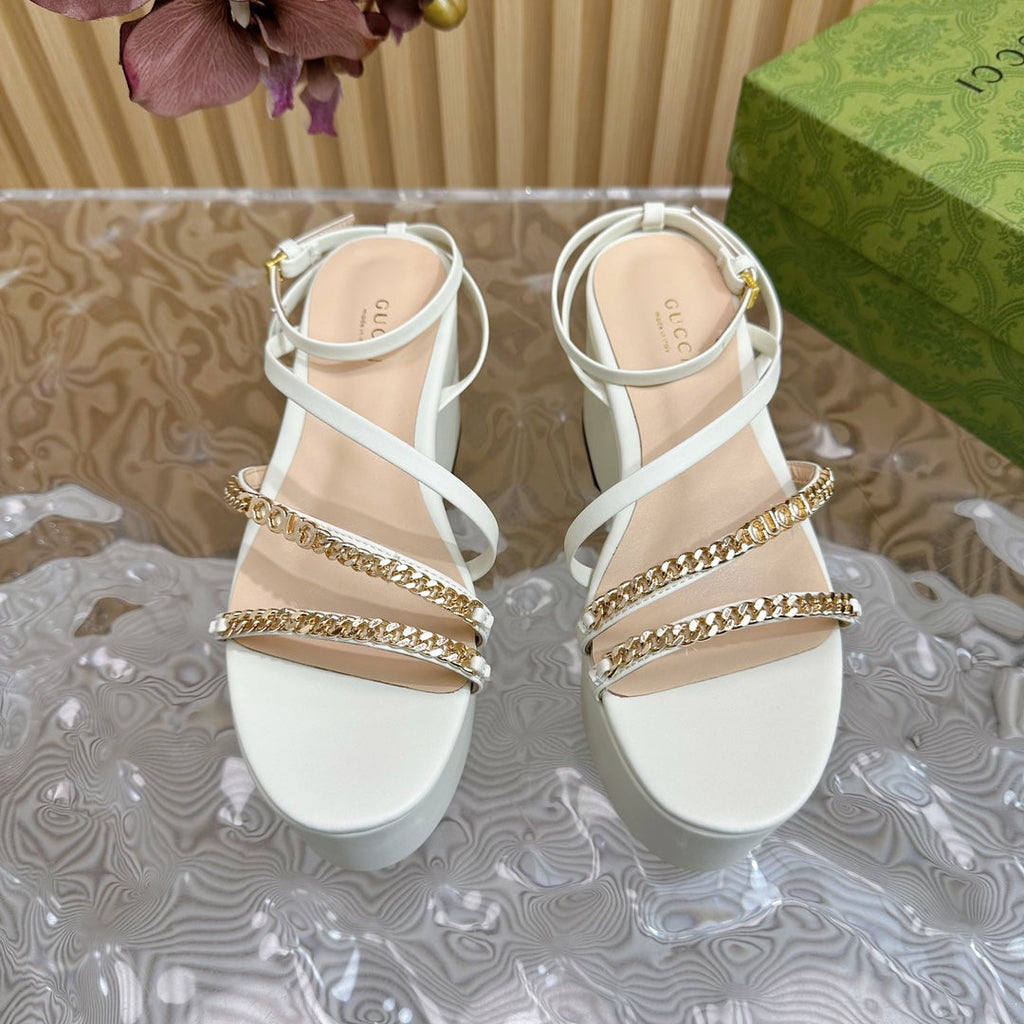 GUCCI PLATFORM SANDAL WHITE CALFSKIN WITH CHAINS