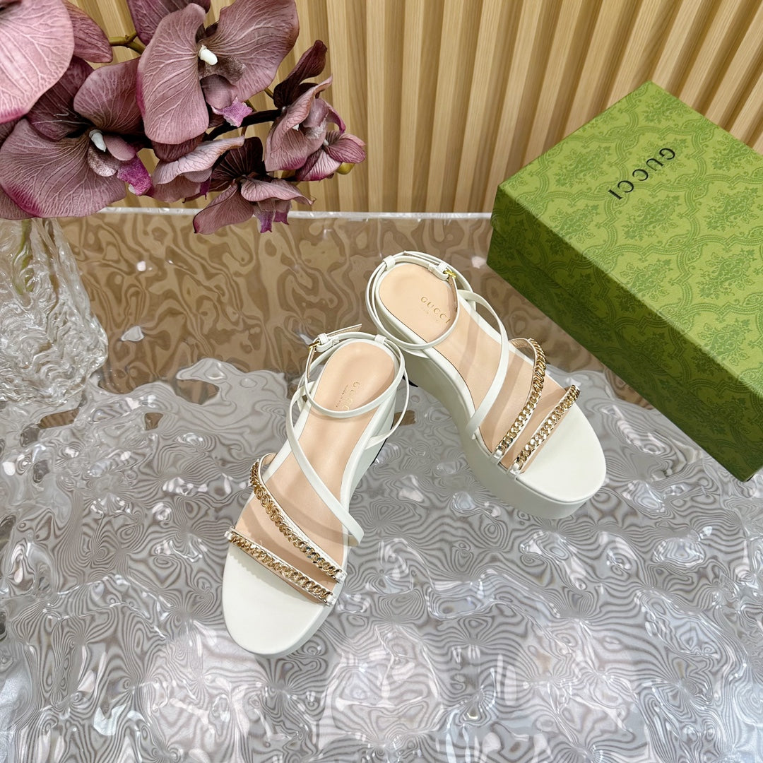 GUCCI PLATFORM SANDAL WHITE CALFSKIN WITH CHAINS