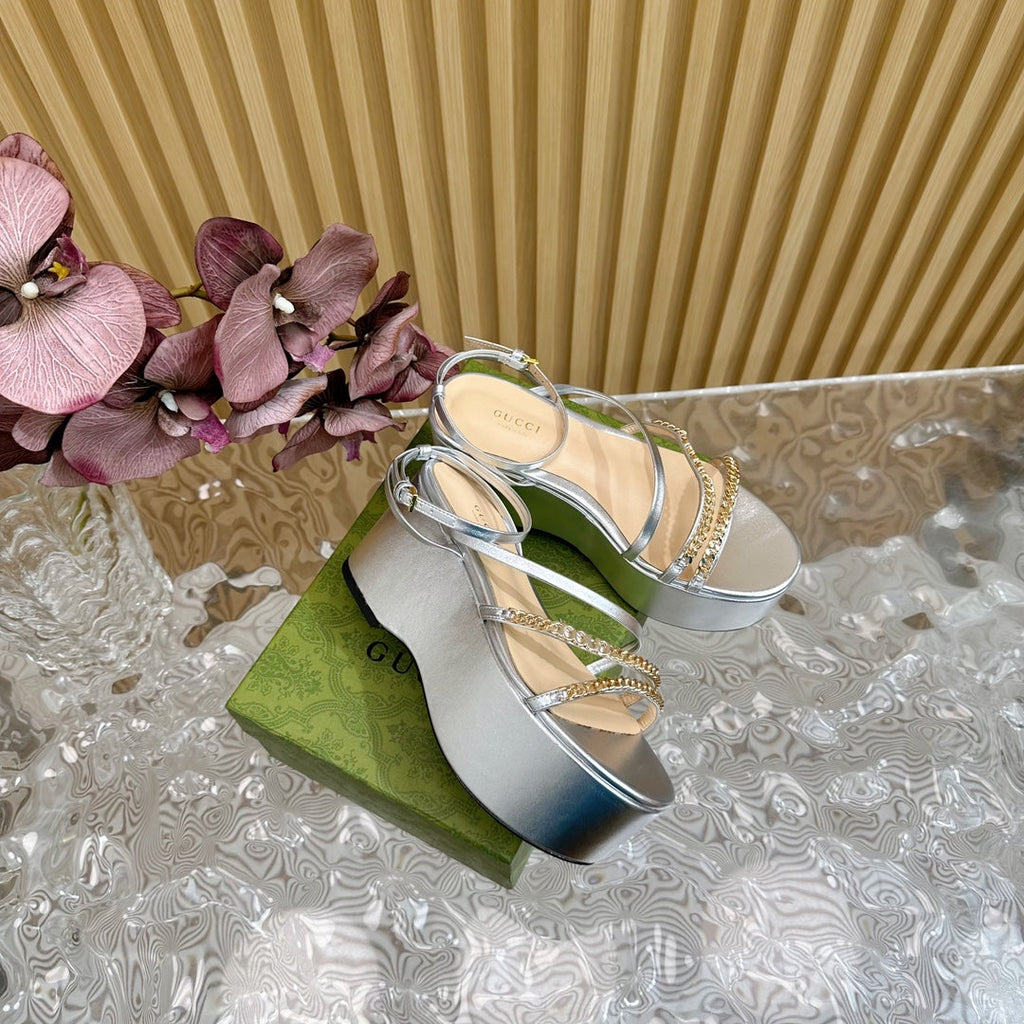 GUCCI PLATFORM SANDAL SILVER CALFSKIN WITH CHAINS