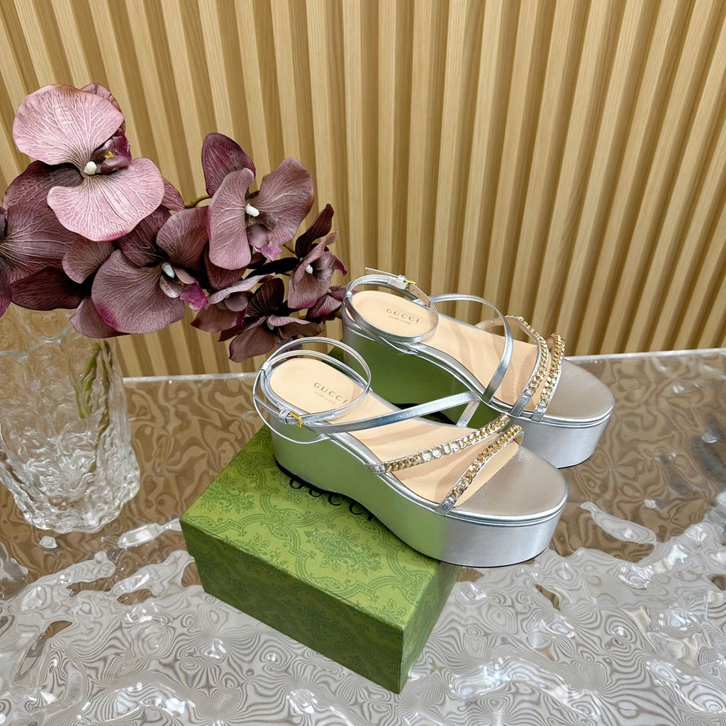 GUCCI PLATFORM SANDAL SILVER CALFSKIN WITH CHAINS