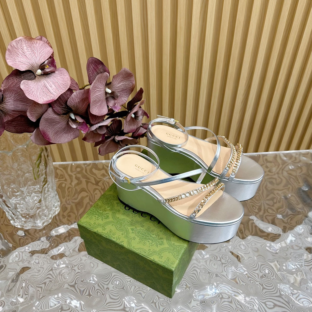 GUCCI PLATFORM SANDAL SILVER CALFSKIN WITH CHAINS