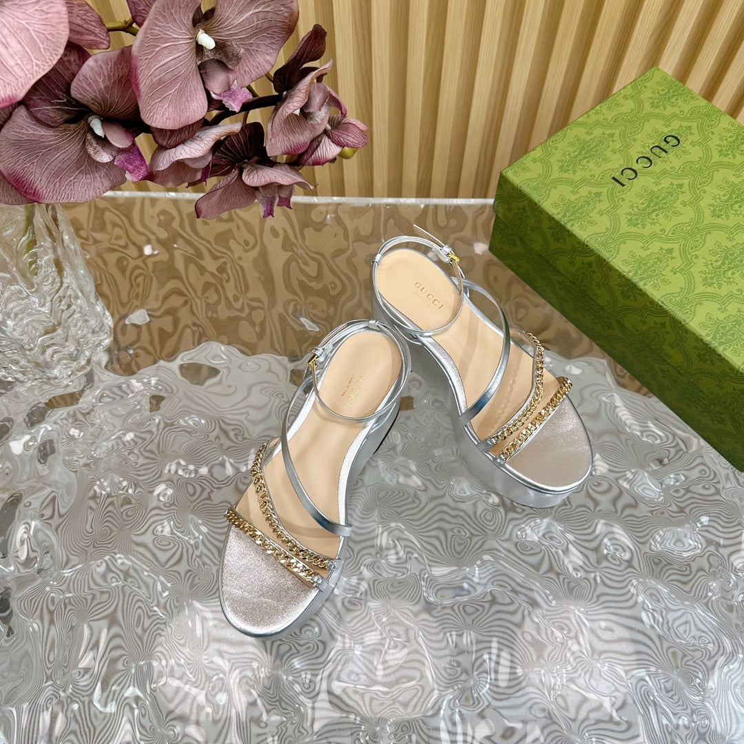 GUCCI PLATFORM SANDAL SILVER CALFSKIN WITH CHAINS