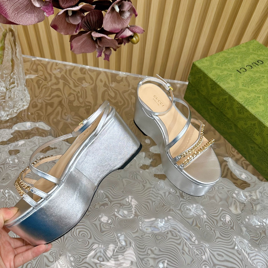 GUCCI PLATFORM SANDAL SILVER CALFSKIN WITH CHAINS