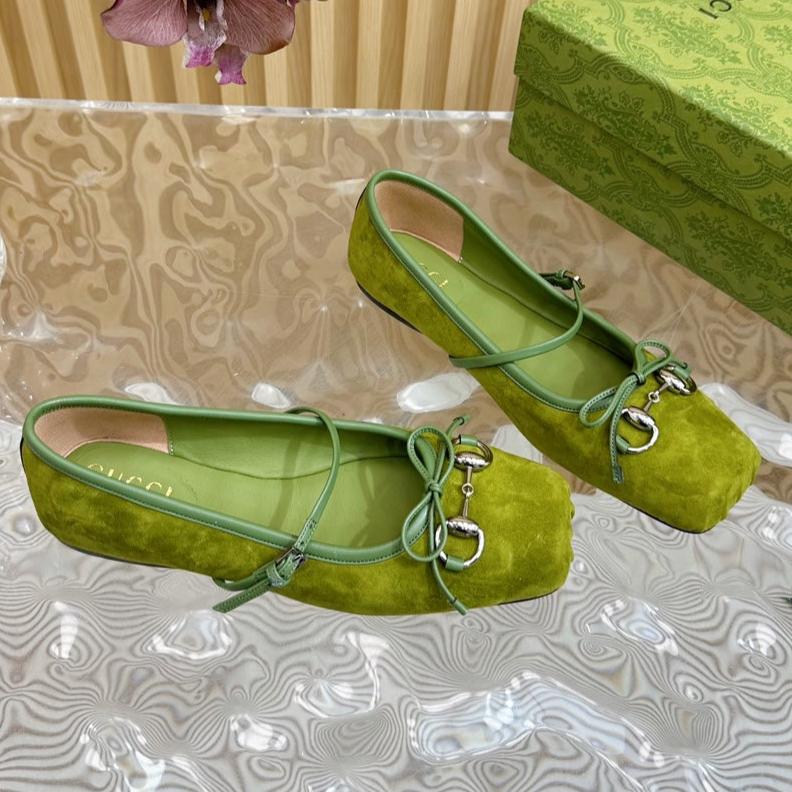 GUCCI BALLET FLAT IN OLIVE GREEN SUEDE WITH SILVER HARDWARE