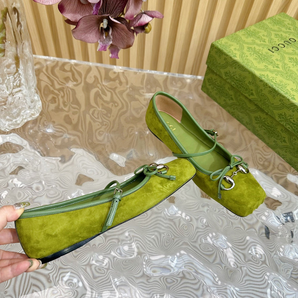 GUCCI BALLET FLAT IN OLIVE GREEN SUEDE WITH SILVER HARDWARE