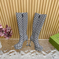 GUCCI PLATFORM KNEE BOOTS IN LIGHT GRAY MONOGRAM CANVAS AND SHEEPSKIN LINING