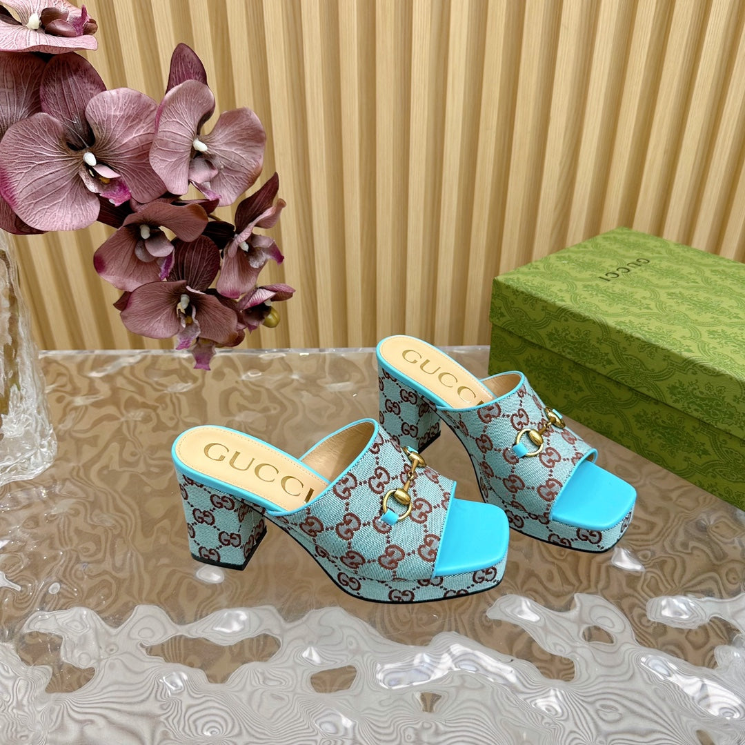 GUCCI HORSEBIT SLIDE SANDAL IN SKY BLUE MONOGRAM CANVAS AND SHEEPSKIN LINING