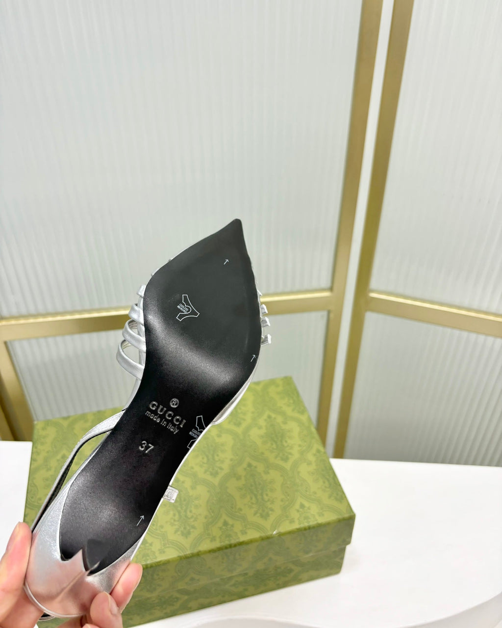 GUCCI SLINGBACK PUMP 6 CM IN SILVER GLOSSY CALFSKIN