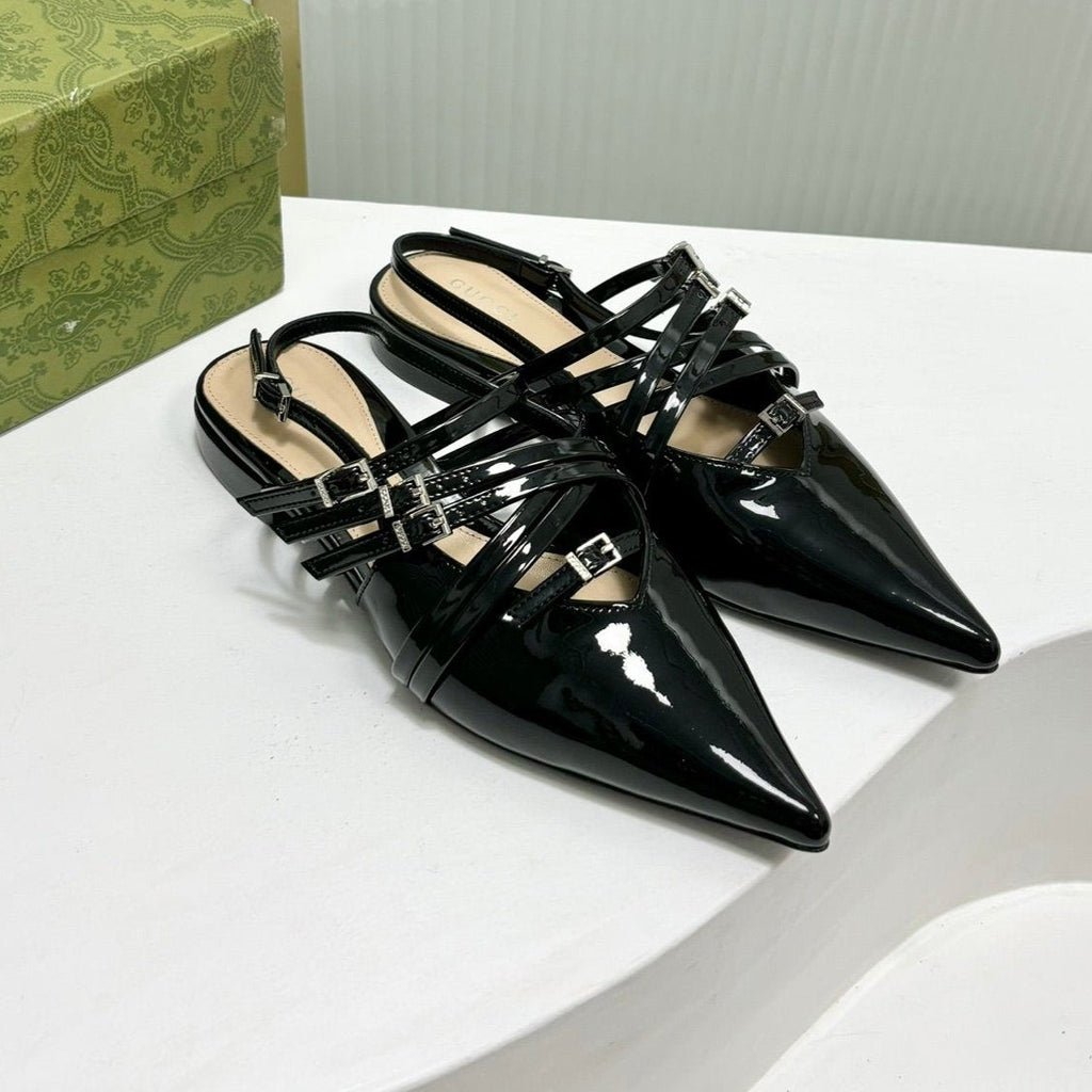 GUCCI STRAPPY FLAT SLINGBACK IN BLACK GLOSSY CALFSKIN