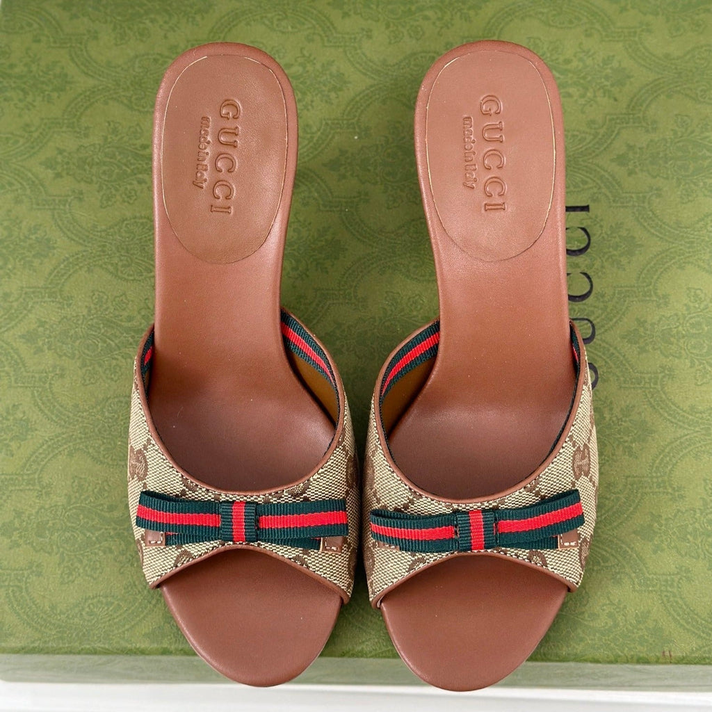 GUCCI Vintage High Heel Slippers Brown