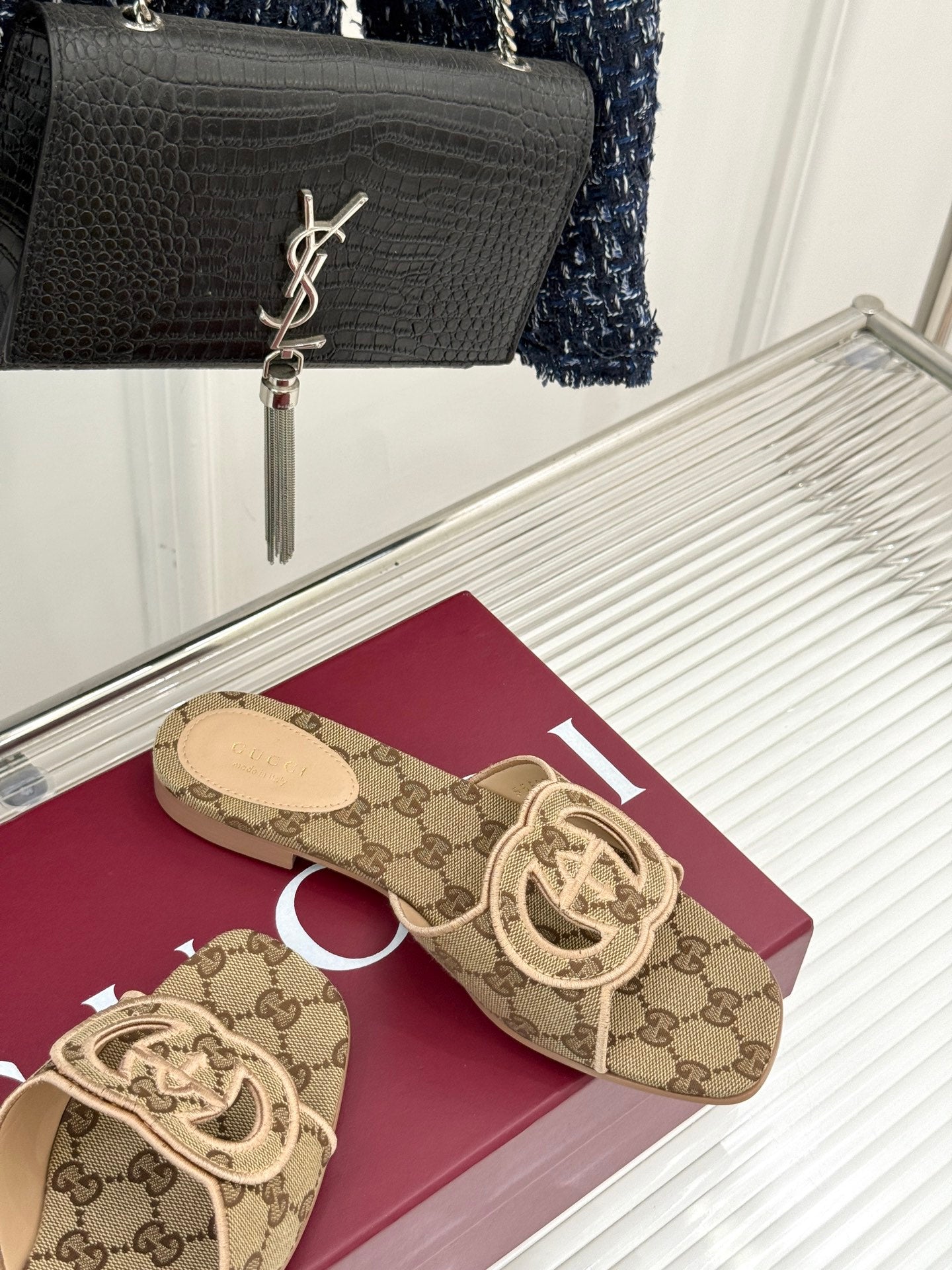 GUCCI SLIDE SANDALS IN DARK BEIGE FABRIC EMBOSSED LOGO STYLE 3