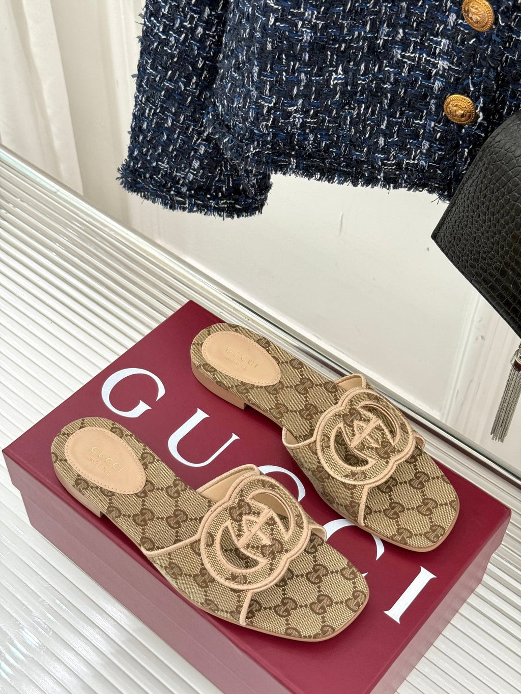 GUCCI SLIDE SANDALS IN DARK BEIGE FABRIC EMBOSSED LOGO STYLE 3