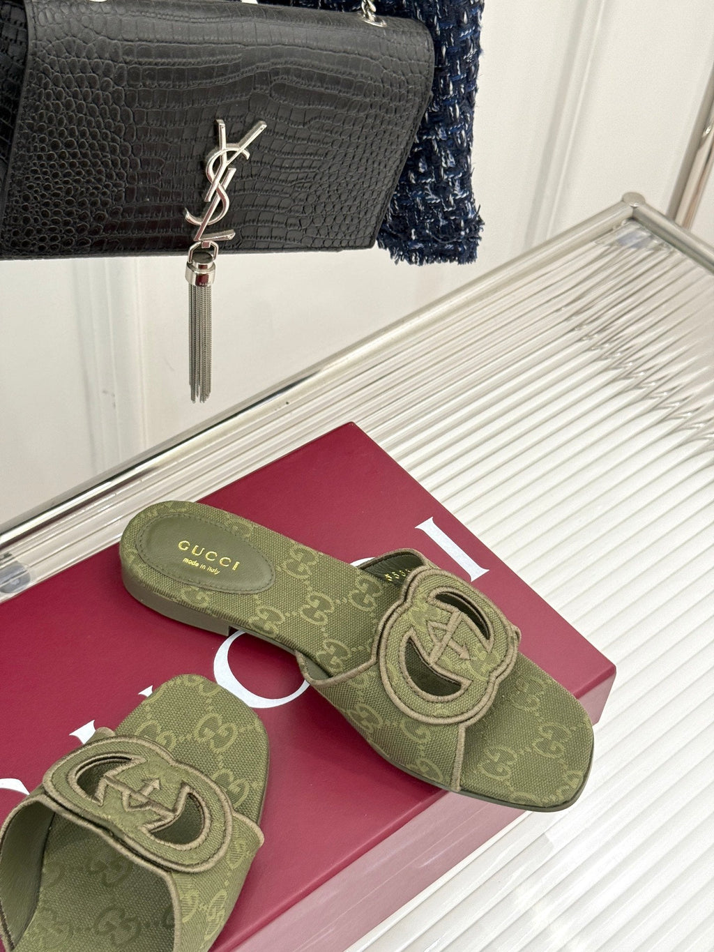 GUCCI SLIDE SANDALS IN MOSS GREEN FABRIC EMBOSSED LOGO STYLE 2