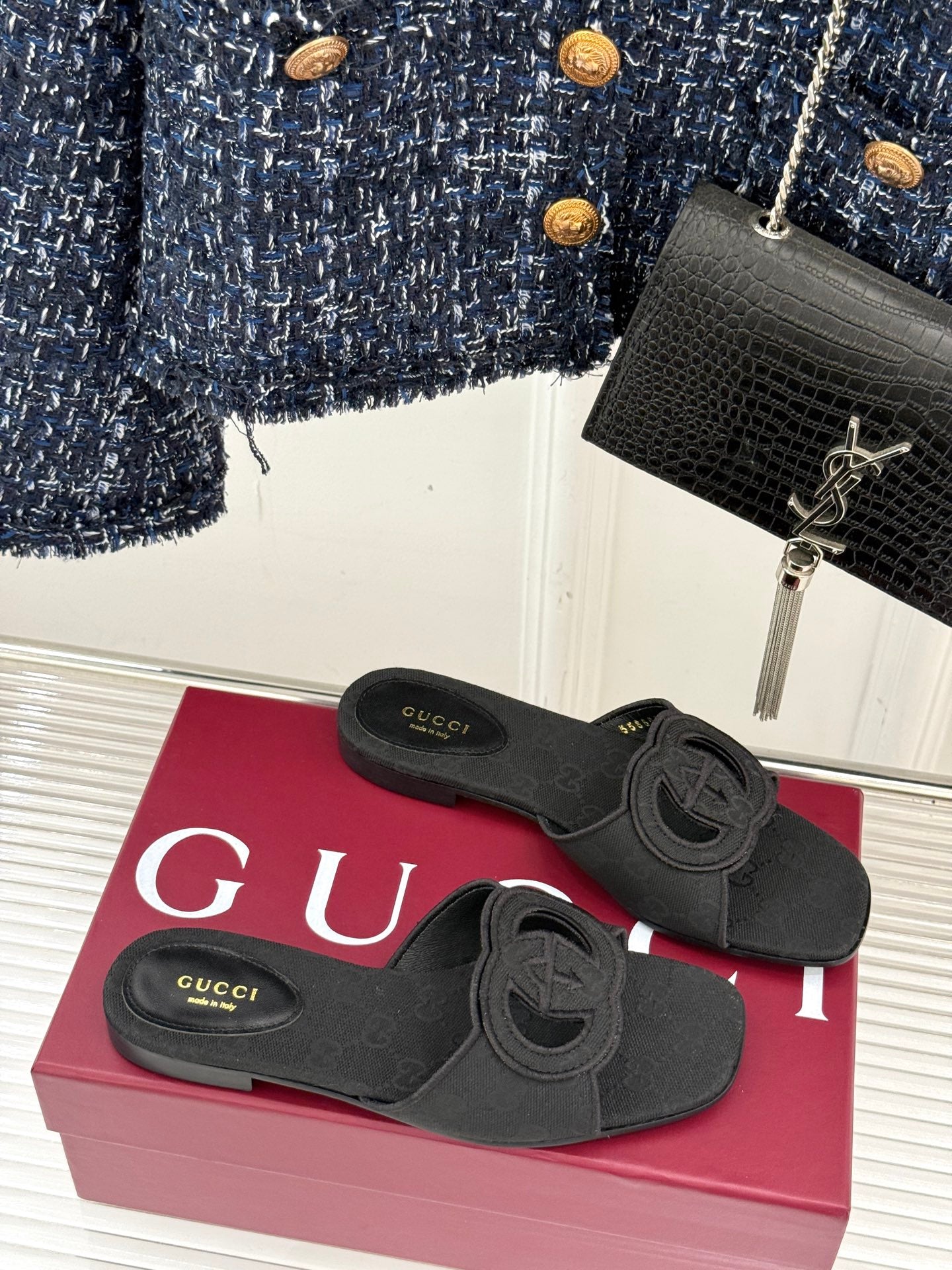 GUCCI SLIDE SANDALS IN BLACK FABRIC EMBOSSED LOGO STYLE 1