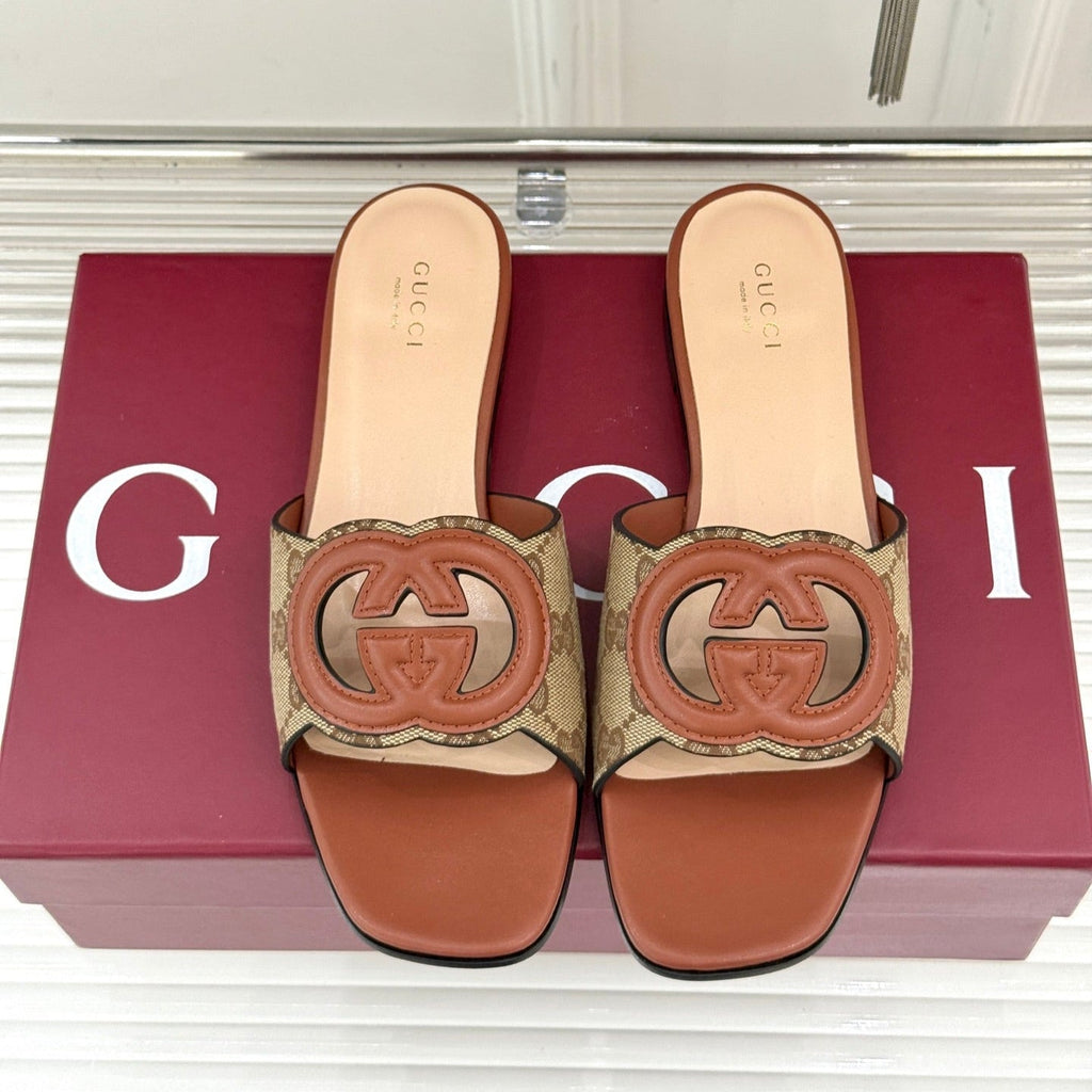 GUCCI SLIDE SANDALS IN BURNT BROWN AND LIGHT BEIGE CALFSKIN
