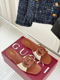 GUCCI SLIDE SANDALS IN BROWN AND CREAM WHITE CALFSKIN