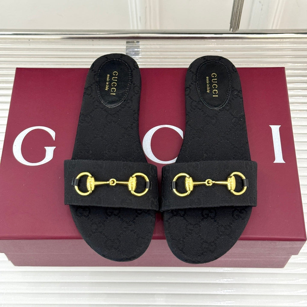 GUCCI SLIDE SANDALS IN BLACK FABRIC EMBOSSED LOGO