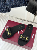 GUCCI SLIDE SANDALS IN BLACK FABRIC EMBOSSED LOGO
