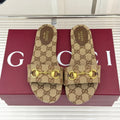 GUCCI SLIDE SANDALS IN DARK BEIGE FABRIC EMBOSSED LOGO