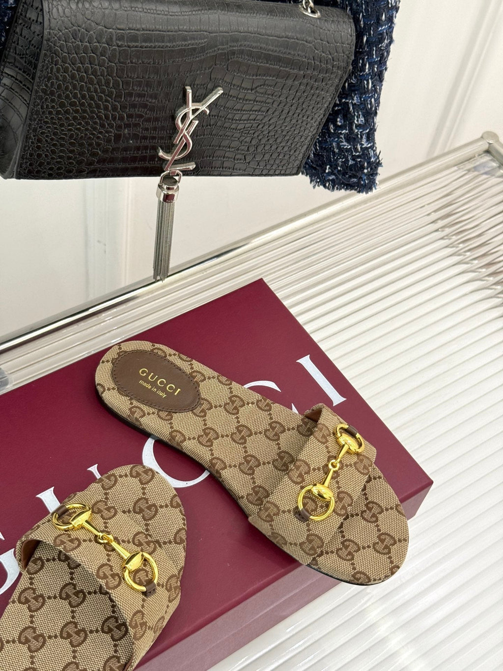 GUCCI SLIDE SANDALS IN DARK BEIGE FABRIC EMBOSSED LOGO