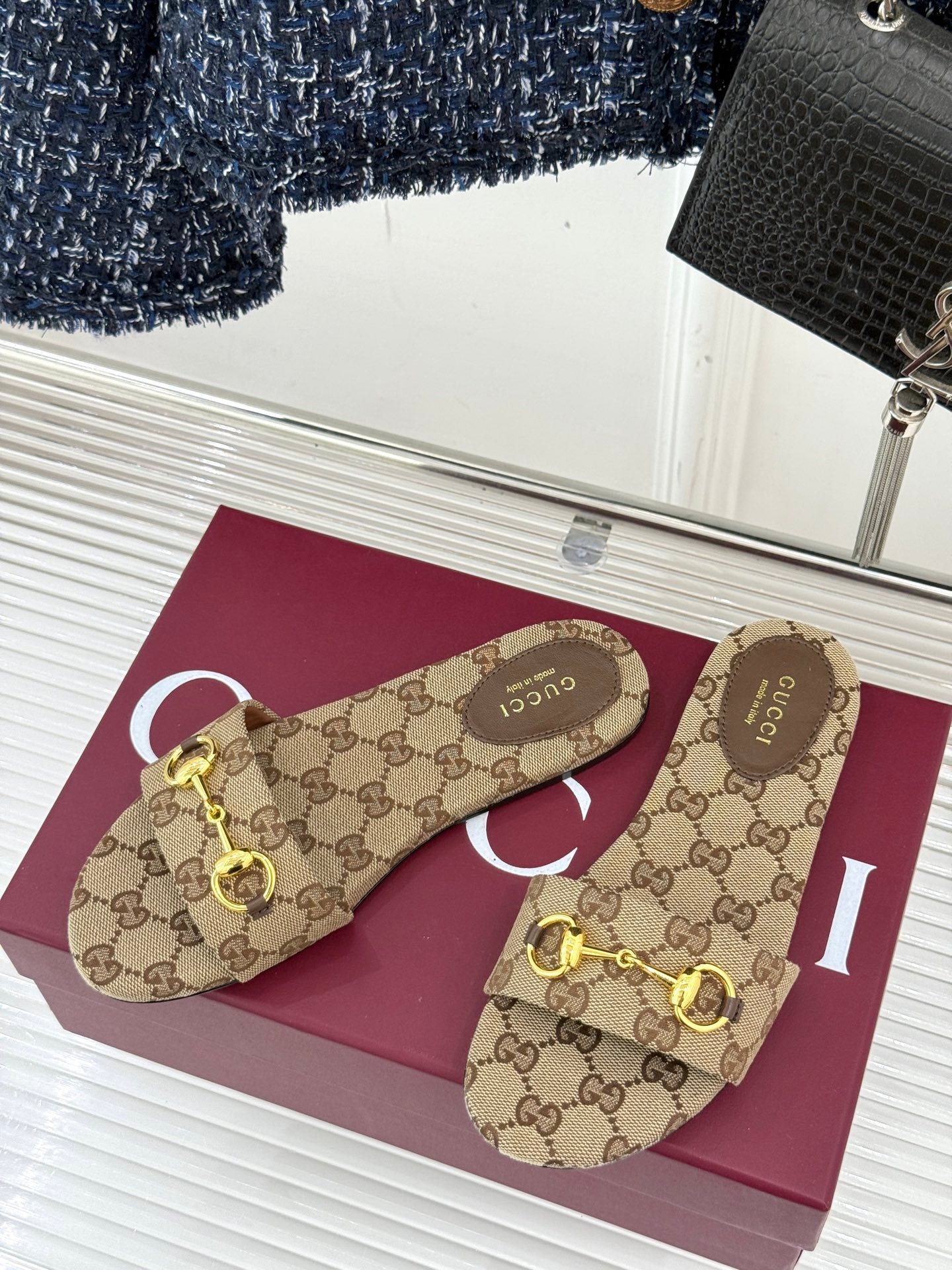 GUCCI SLIDE SANDALS IN DARK BEIGE FABRIC EMBOSSED LOGO